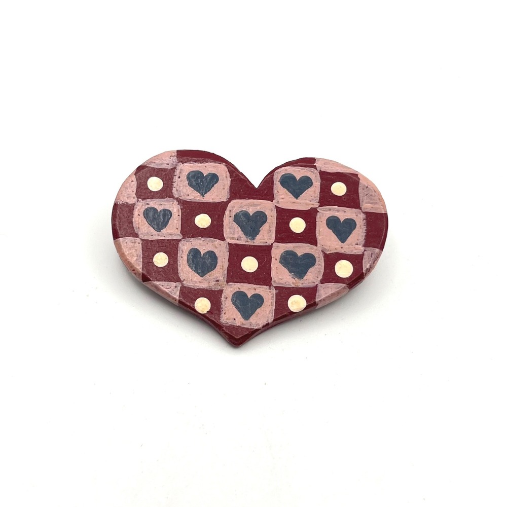 Hand Painted Wooden Heart Brooch Burgundy Checkered Folk Art‎ Pin 2 Inch